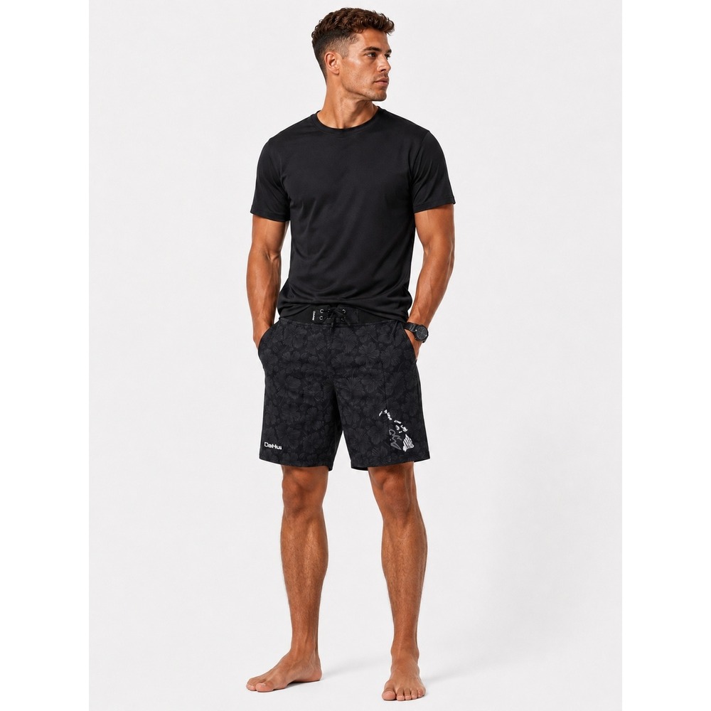 Da Hui Board Shorts Black Floral Hawaii Hibiscus Stretch Swim Trunks 34 NWOT New